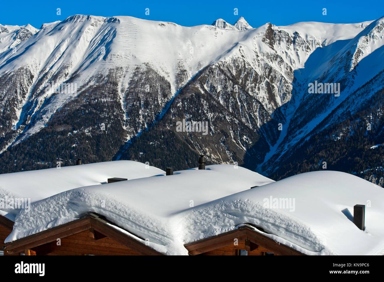 Winter in a mountain village in the Swiss Alps, Bettmeralp, Valais, Switzerland. Stock Photo