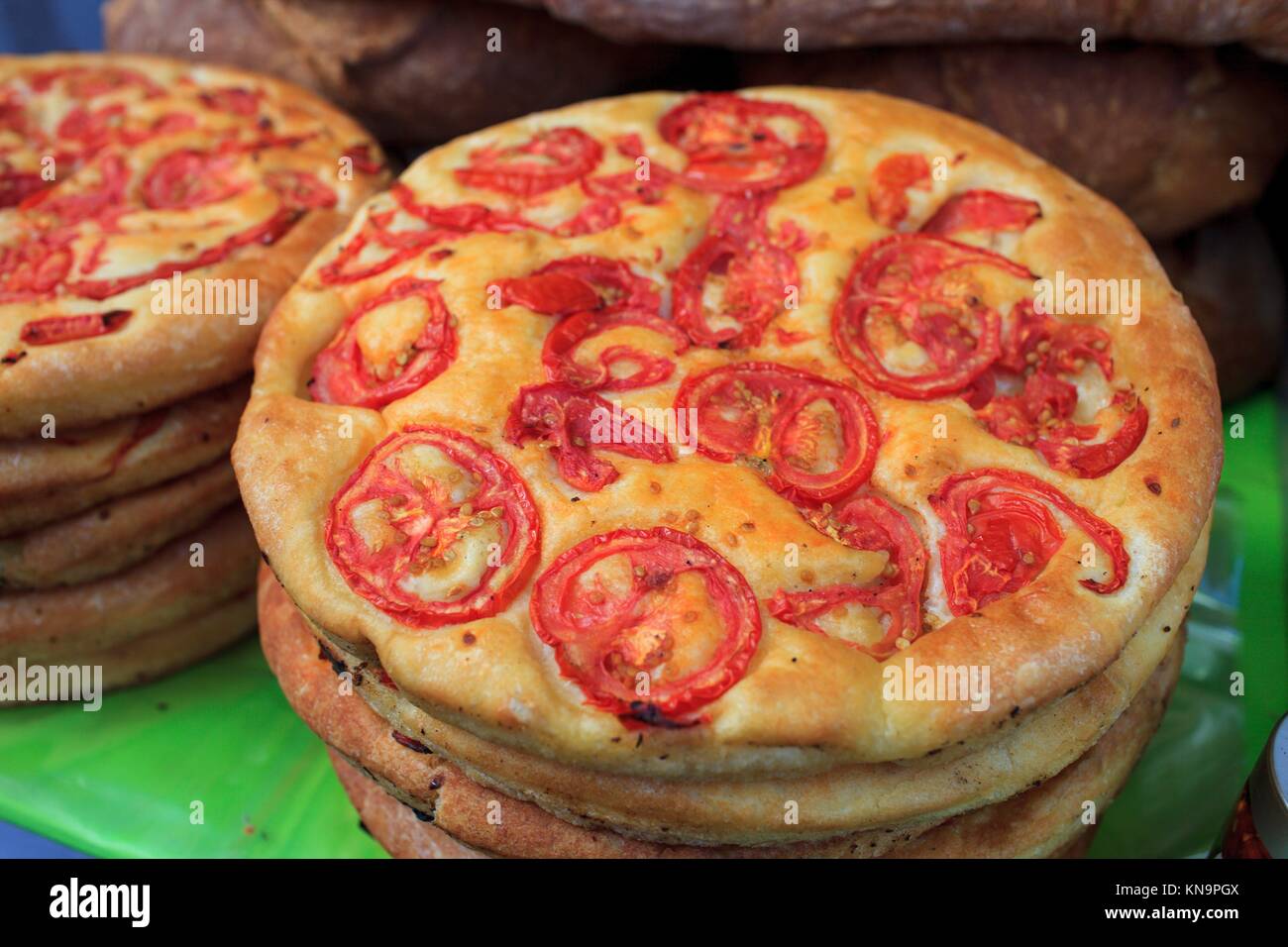 Apulian tomatoes bread, traditional recipe. Stock Photo