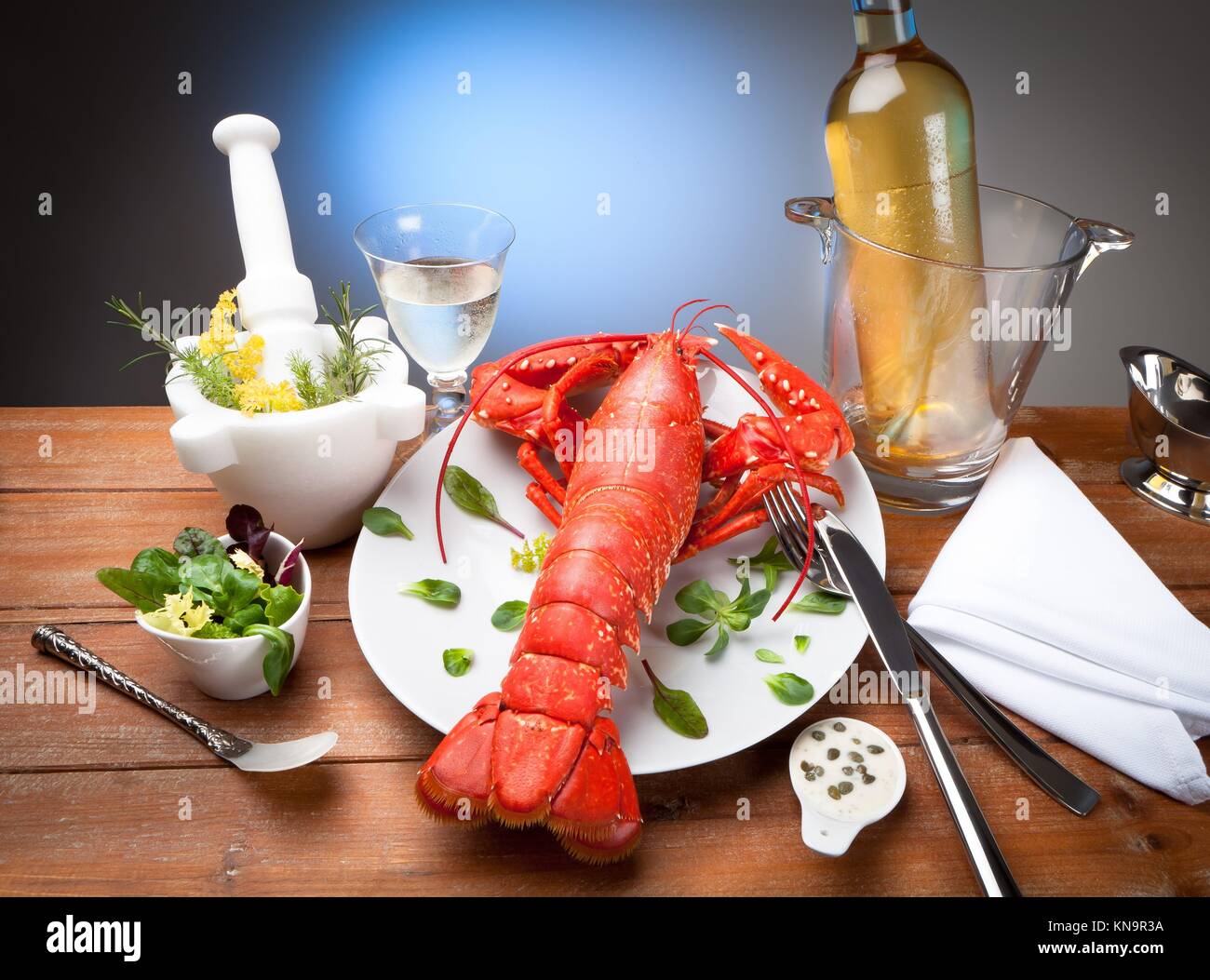 still life of cooked lobster with spices. Stock Photo