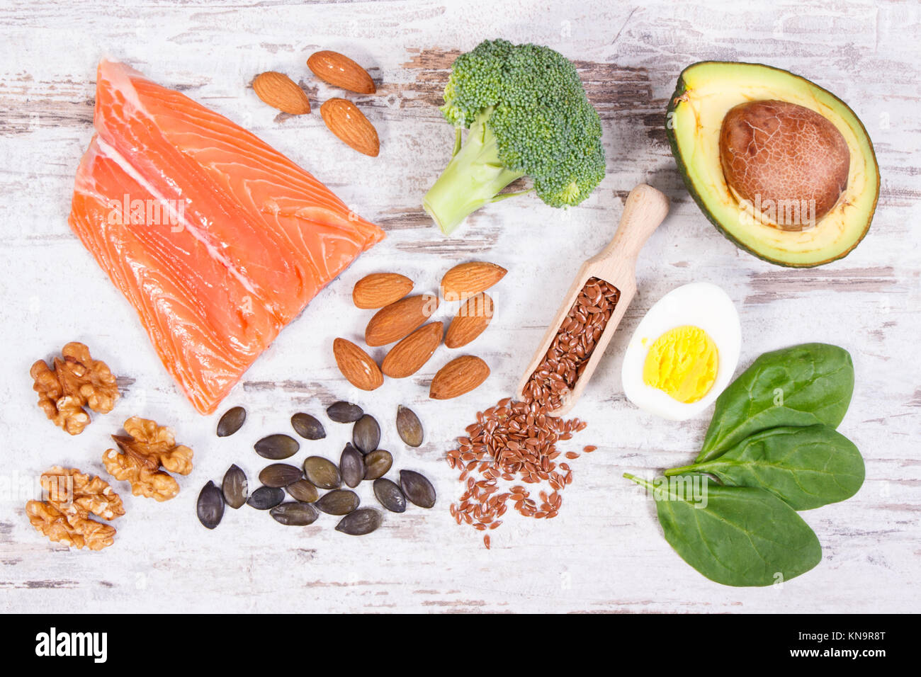 Natural sources of omega 3 acids, unsaturated fats and dietary fiber, concept of healthy nutrition Stock Photo