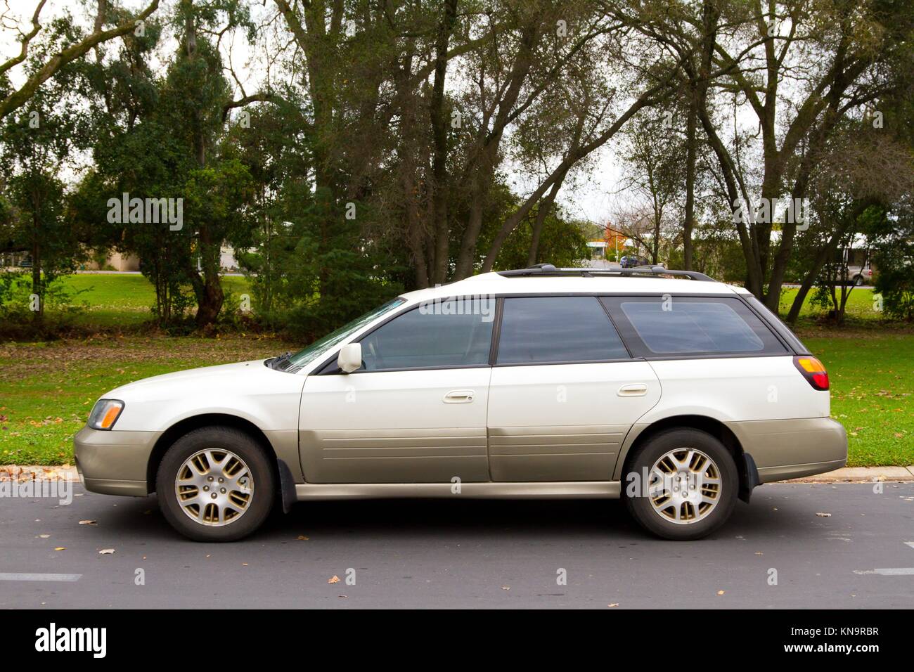 An all wheel drive sport utility wagon parked in front of a park with