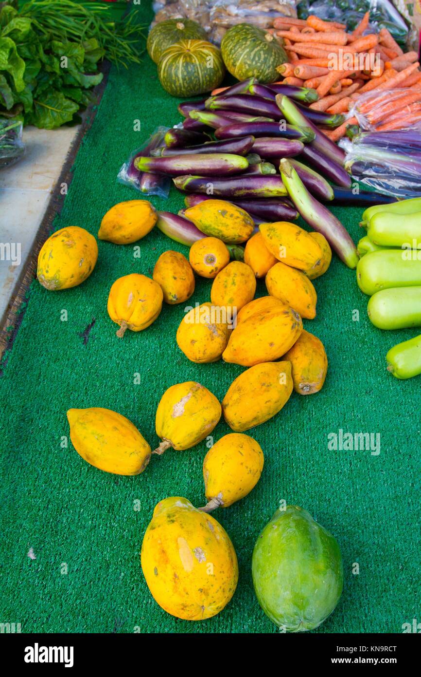 Images from a farmers market in Hawaii showing tropical fruits or vegetables in simple photos