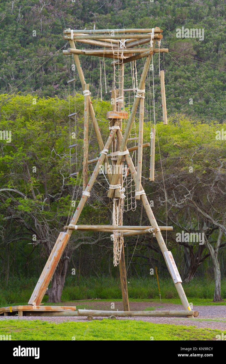 A camp on the north shore of Oahu in Hawaii has a high ropes stunt