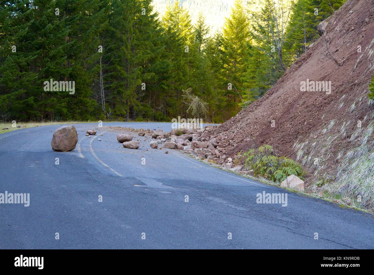 This national forest road is blocked by a land slide of rock and debris to where it is a hazard for drivers in cars. Stock Photo