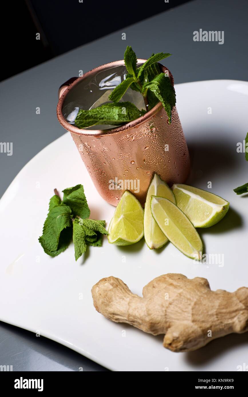 Moscow mule, also known as Vodka buck, and ingredients. Stock Photo