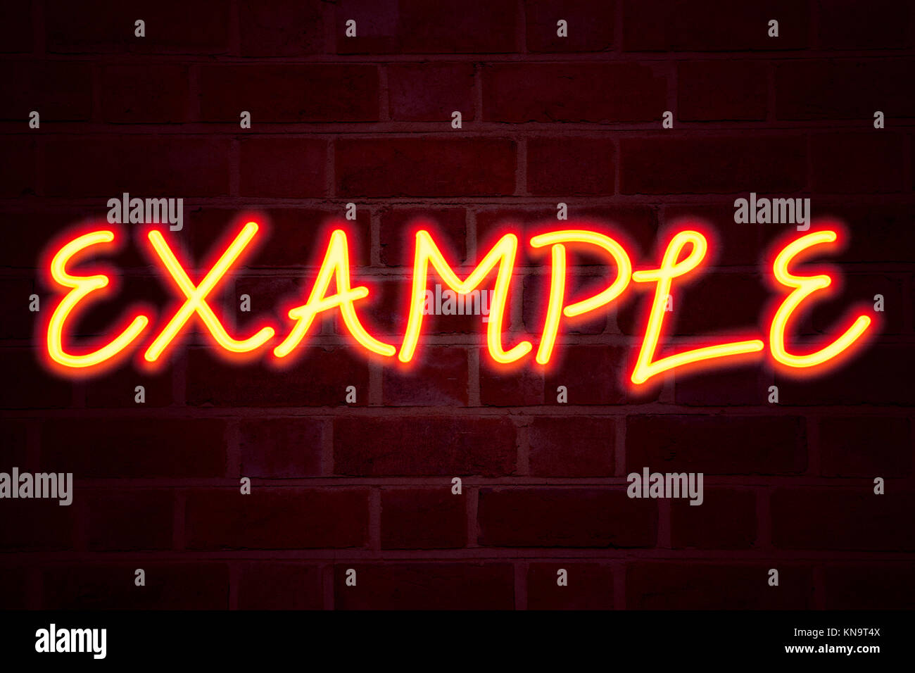 Example neon sign on brick wall background. Fluorescent Neon tube Sign