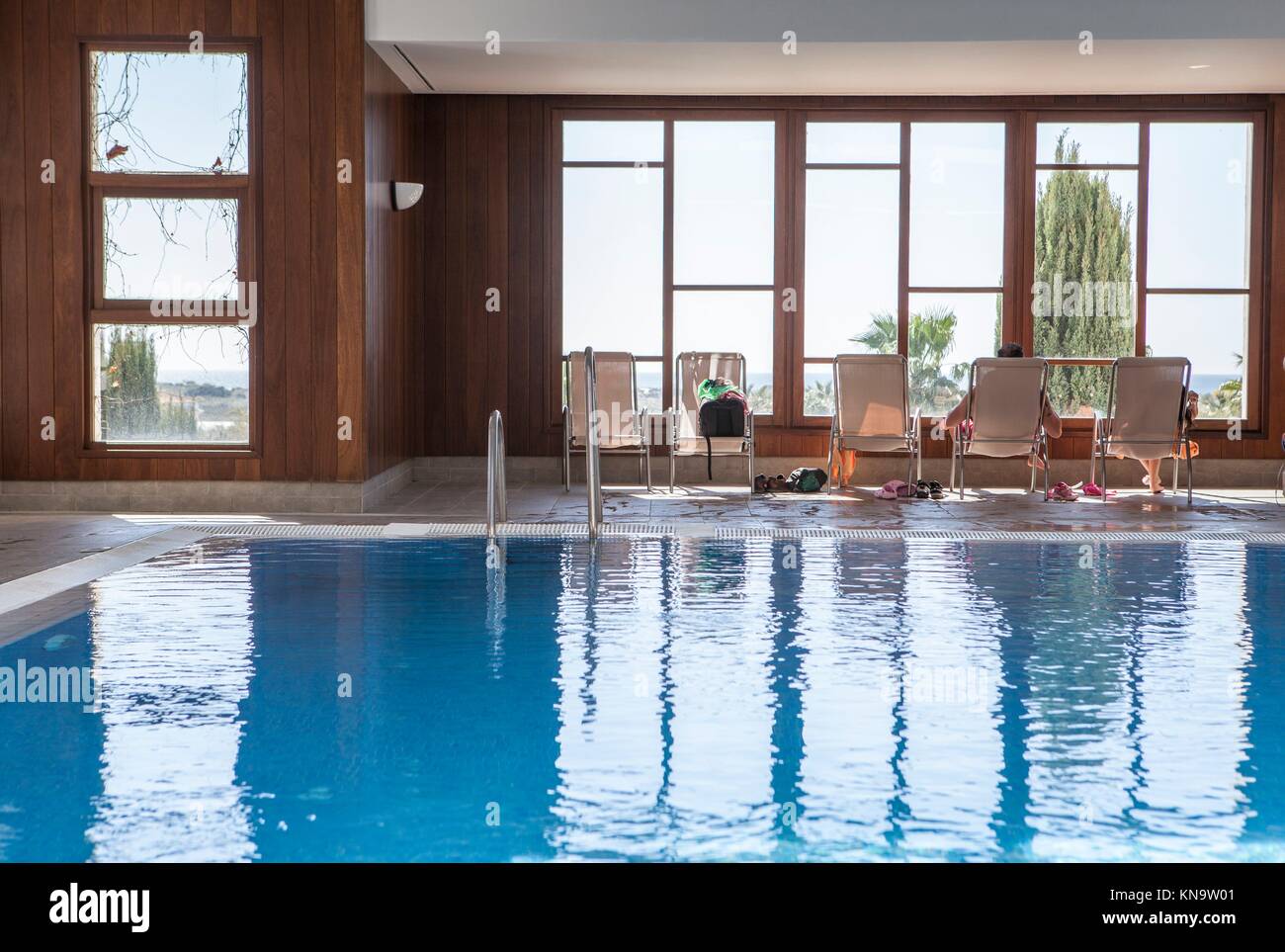 Spa luxury swimming pool with wooden structure. This facilities are part of a hotel. Stock Photo