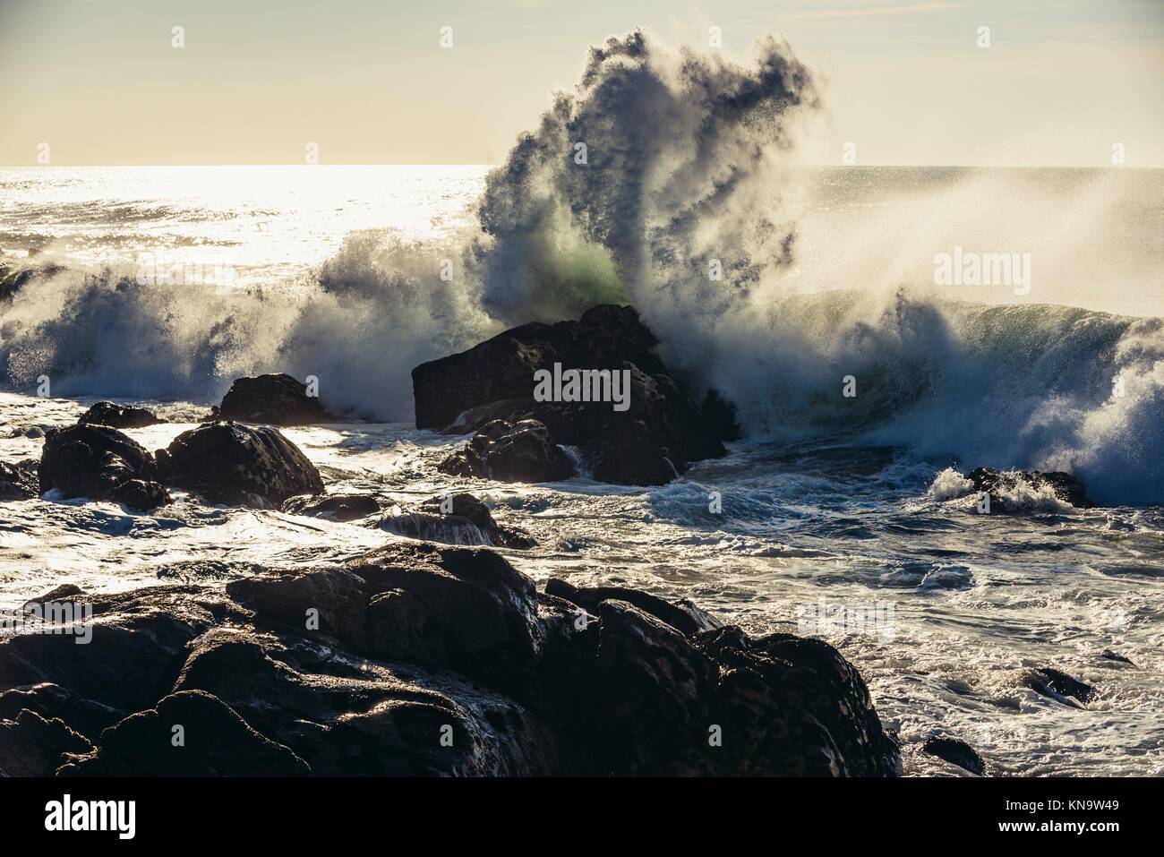 Big waves smashing on rocks of Atlantic Ocean shore in Nevogilde civil