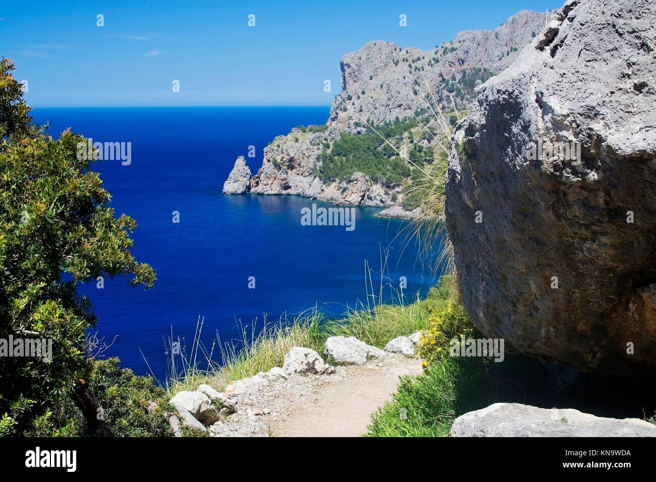 Walking path nature landscape view in Tramuntana mountains between Soller and Cala Tuent, Mallorca, Spain. Stock Photo