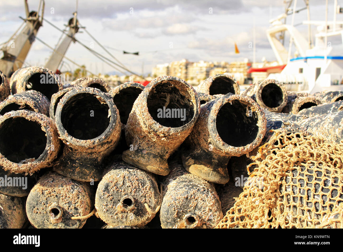 stack of wooden fishing creels in Ribadesella public port Asturias