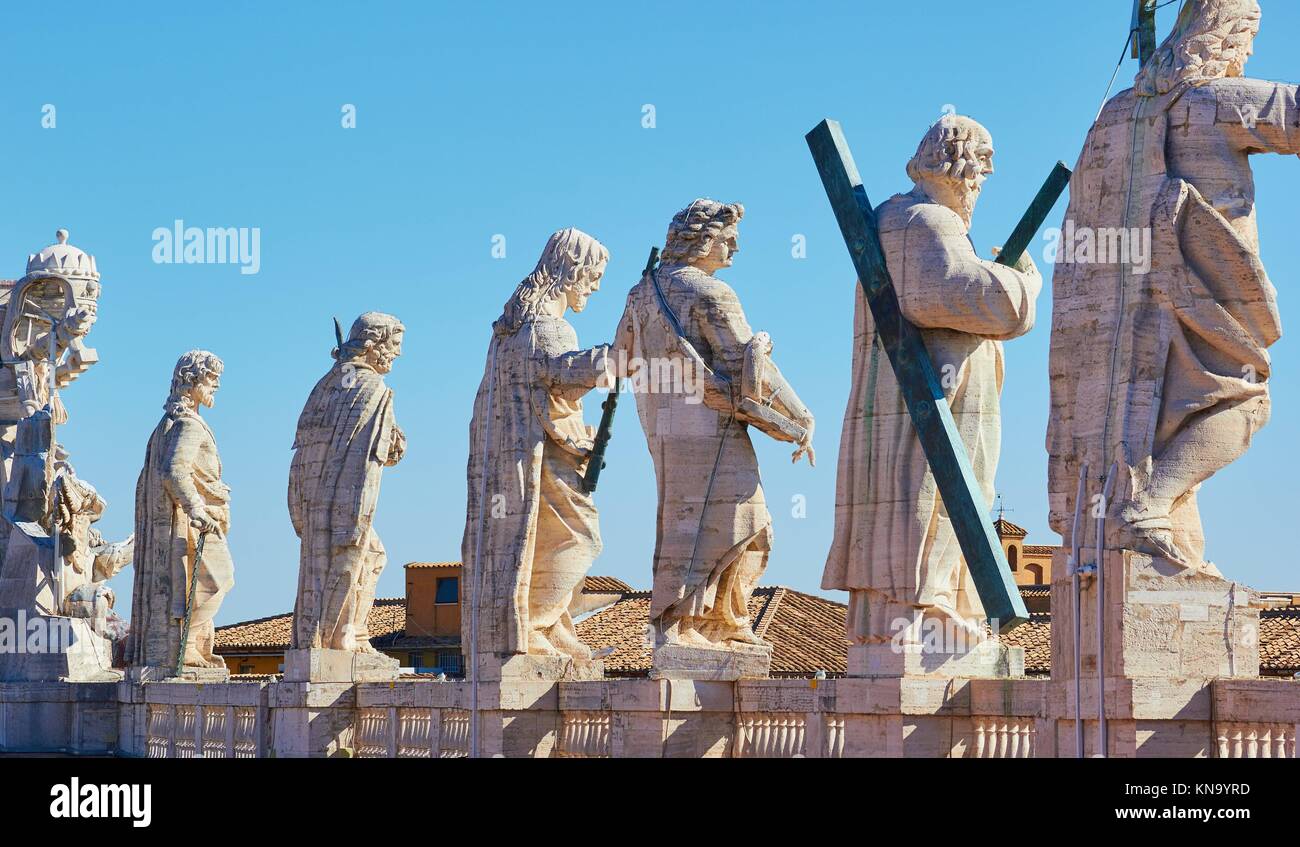 Statues of Jesus and the Apostles lining rooftop facade of St Peter's