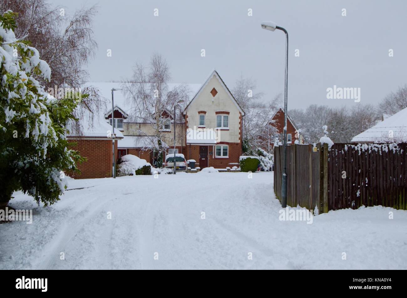 Street covered in snow in Hemel Hempstead, Hertfordshire, UK Stock