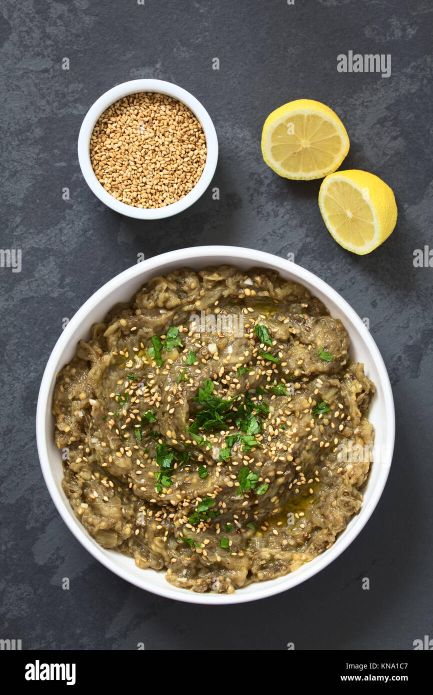 Homemade roasted eggplant dip or spread, baba ganoush in the
