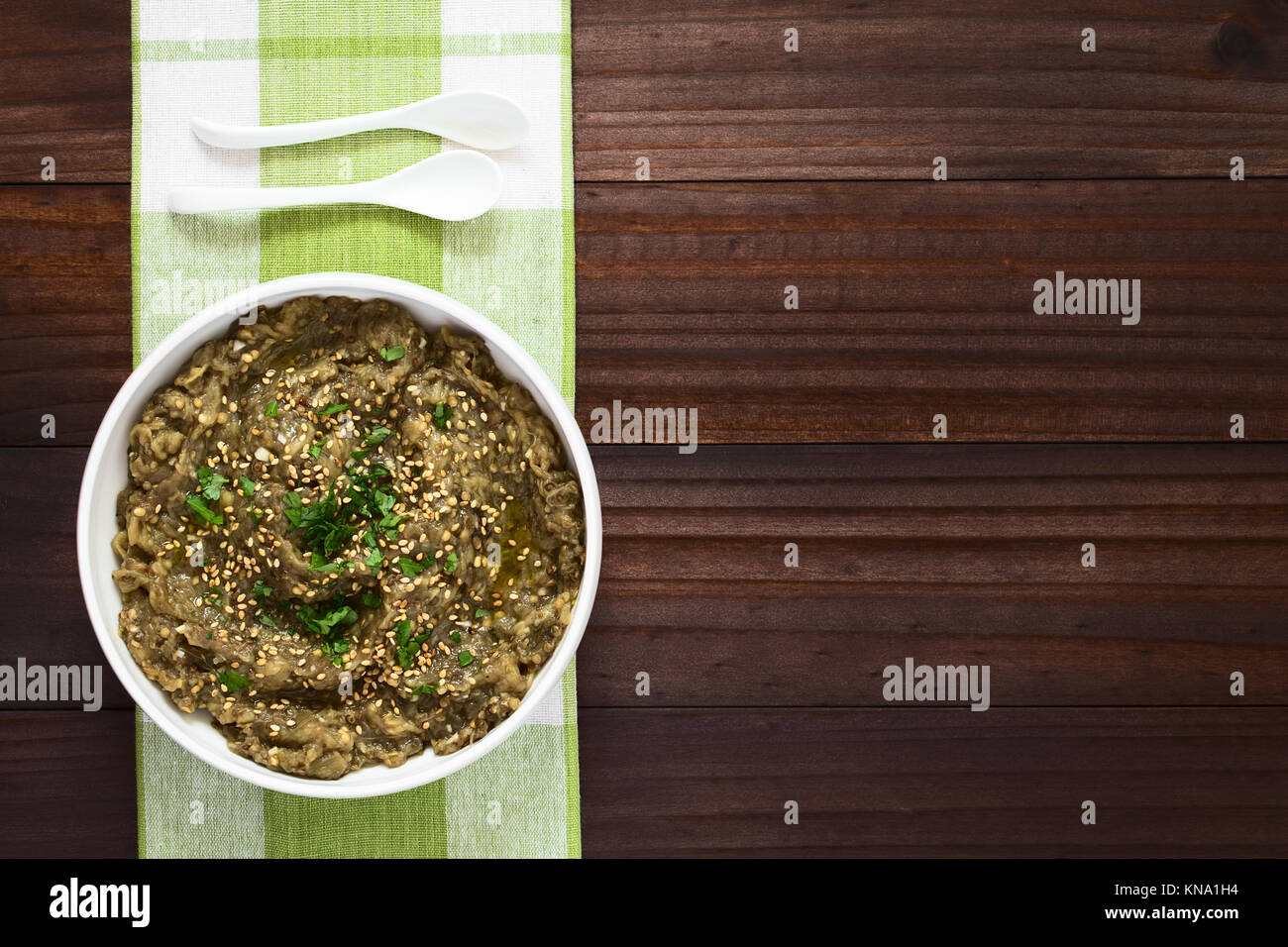 Homemade roasted eggplant dip or spread, baba ganoush in the