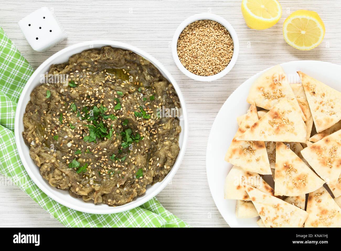 Homemade roasted eggplant dip or spread, baba ganoush in the