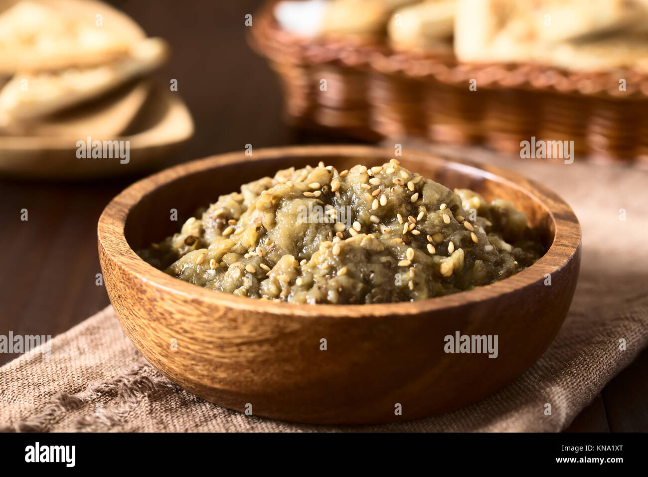 Homemade roasted eggplant dip or spread, baba ganoush in the