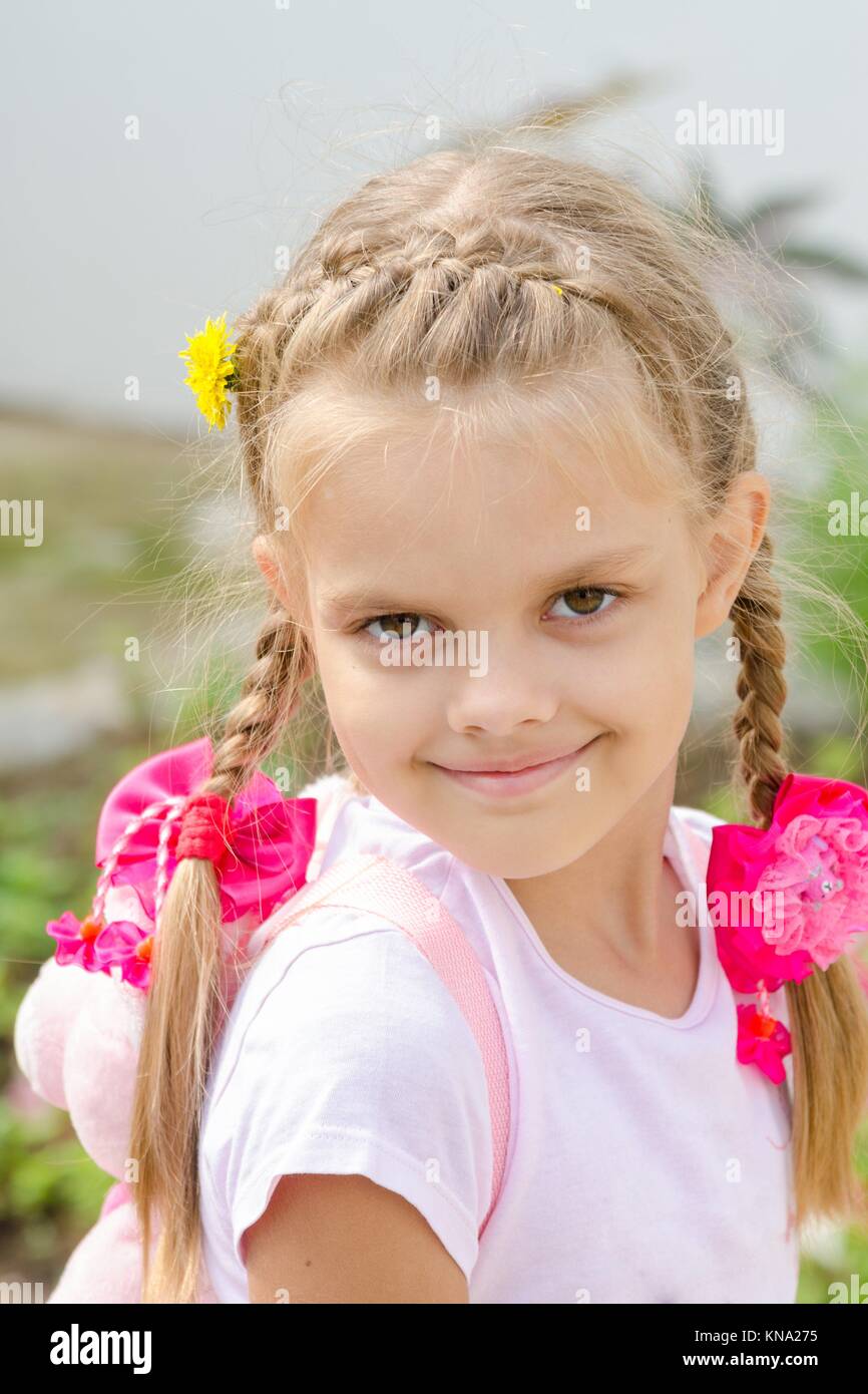 Portrait of a beautiful six year old girl with blond hair Stock Photo -  Alamy