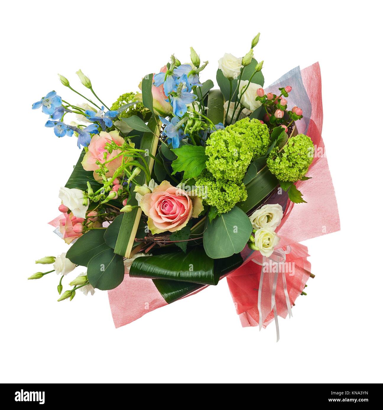 Flower bouquet from multi colored roses, iris and other flowers