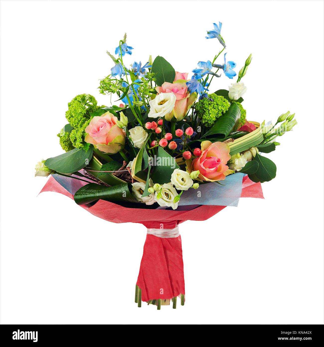 Flower bouquet from multi colored roses, iris and other flowers