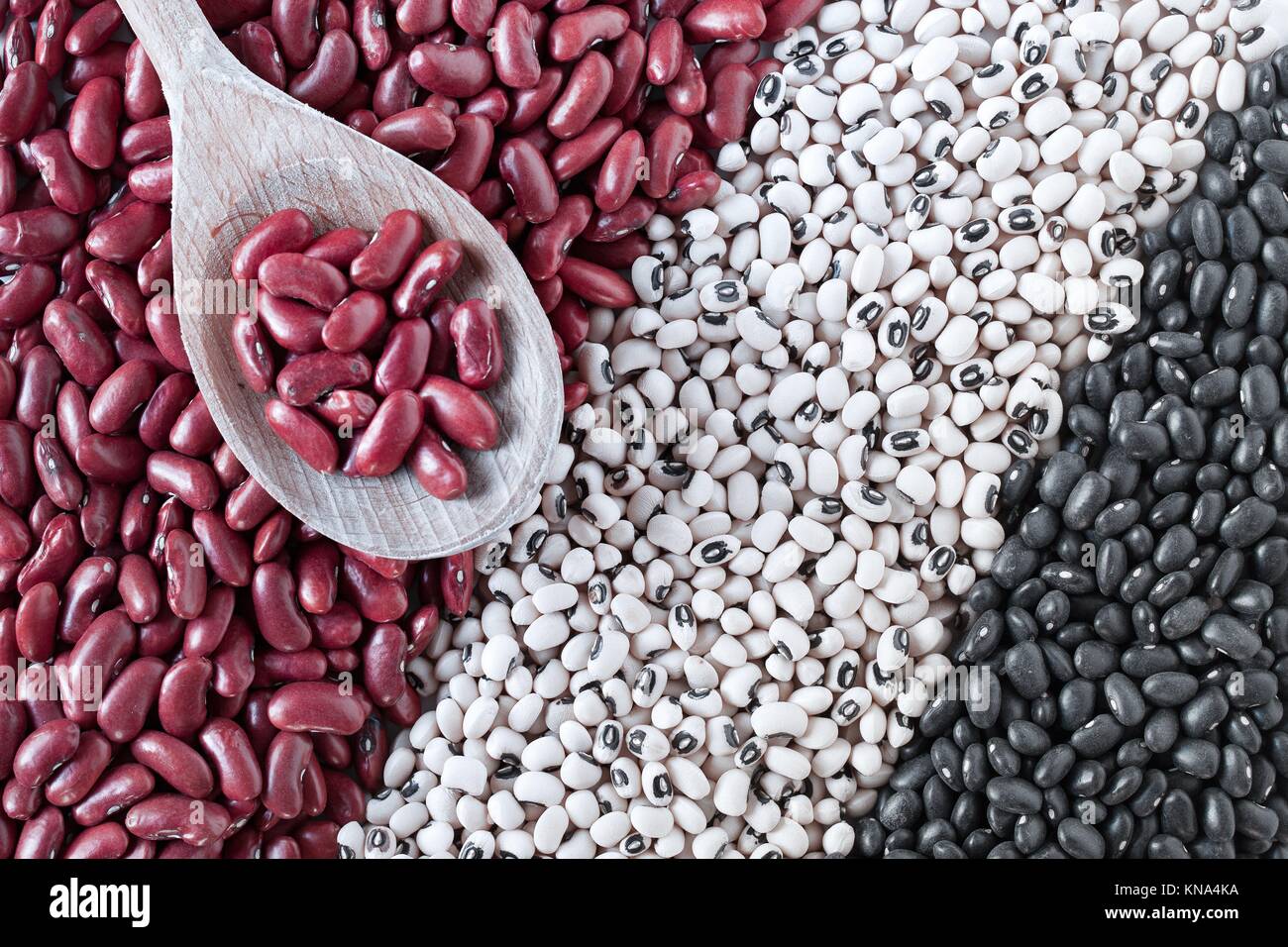 Variety of dried beans, from left to right kidney beans, blackeyed