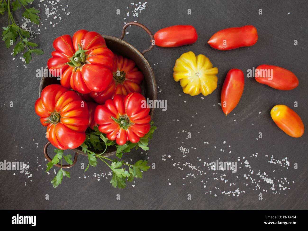 Fresh tomatoes: Heirloom and oblong type. Stock Photo