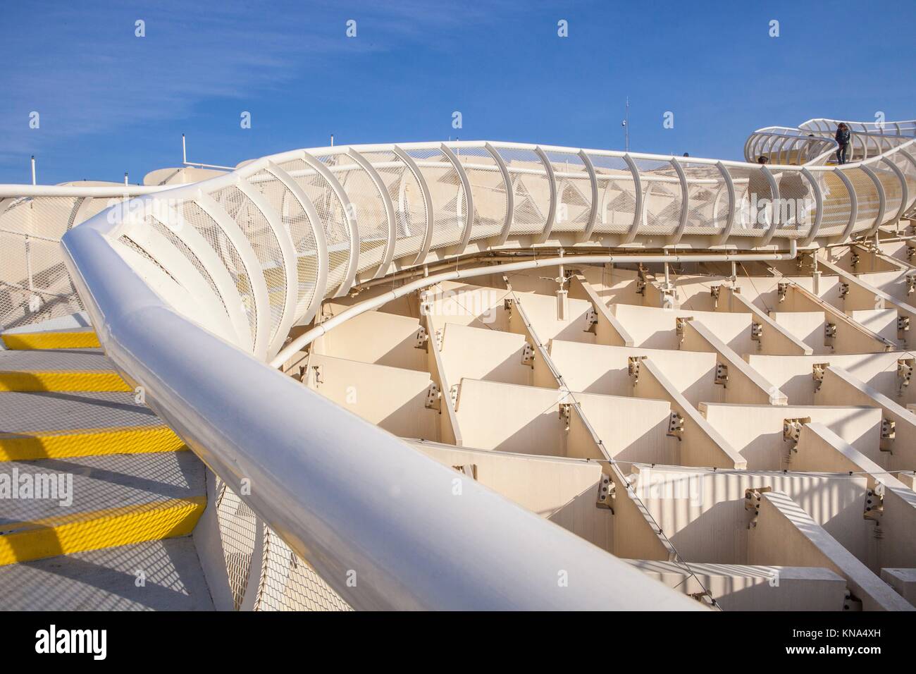 Roof footbridge for pedestrians at Metropol Parasol. It provides a unique view of the old city center and the cathedral. Stock Photo