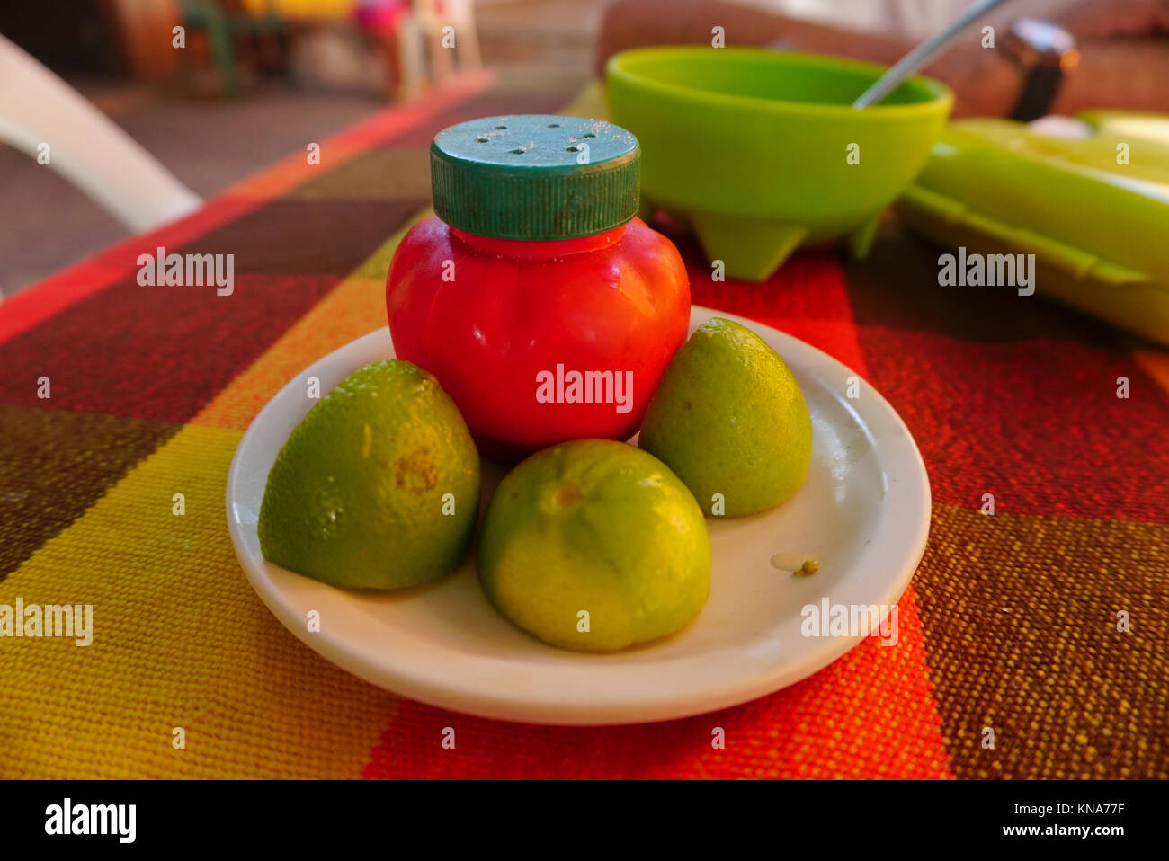 Limes and salt in Mexican restaurant, Acapulco, Mexico Stock Photo