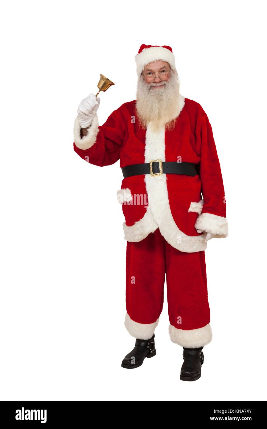 Santa Claus rings with bell jar (isolated). Stock Photo