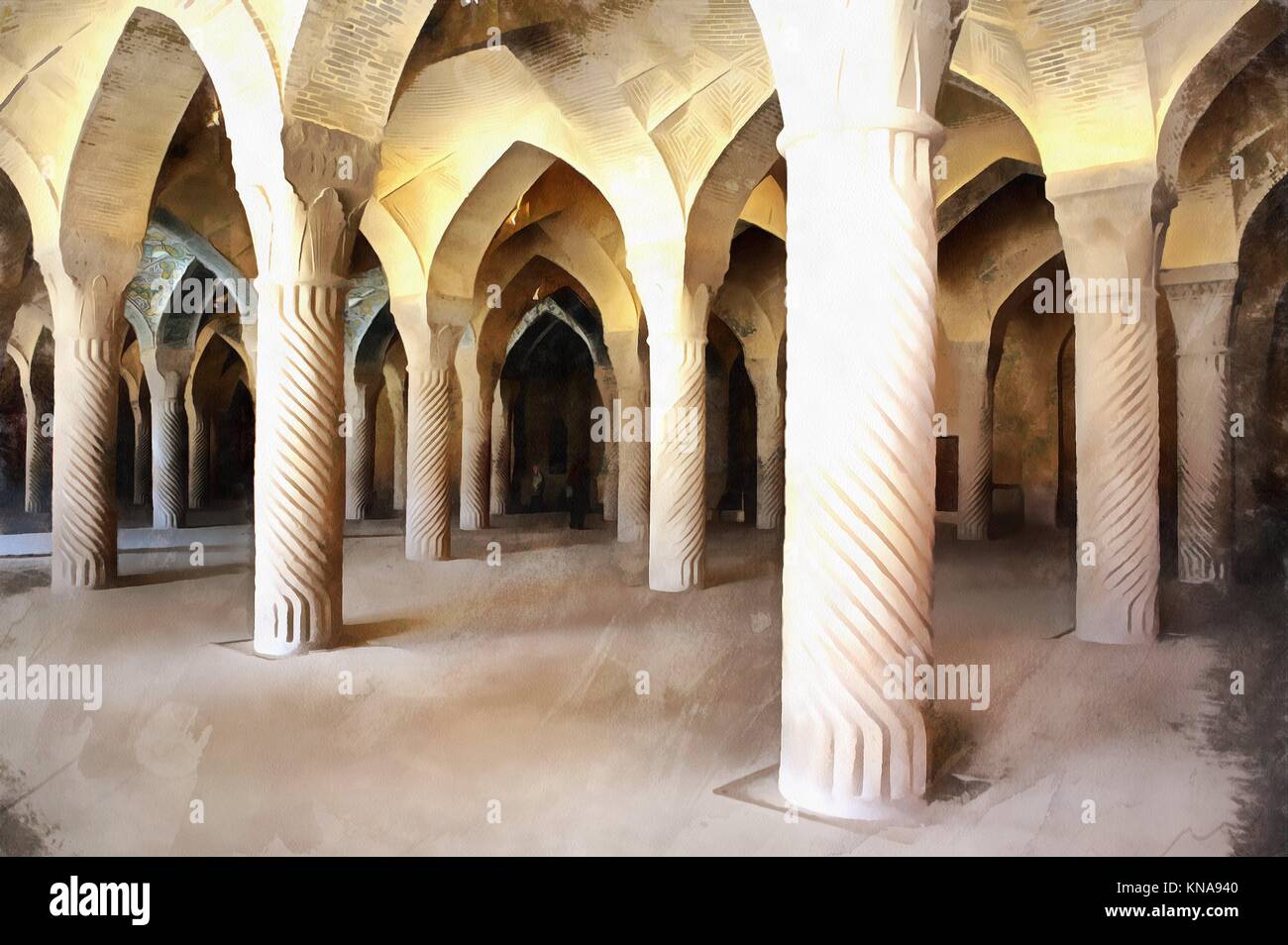 Colorful painting of Vaqil mosue interior with columns, Shiraz, Iran. Stock Photo