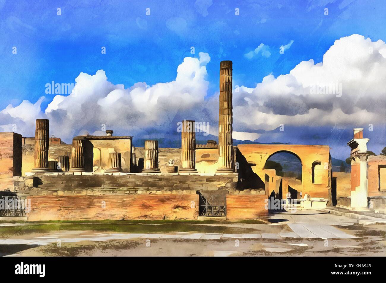 Colorful painting of Forum Pompeii Campania Italy. Stock Photo