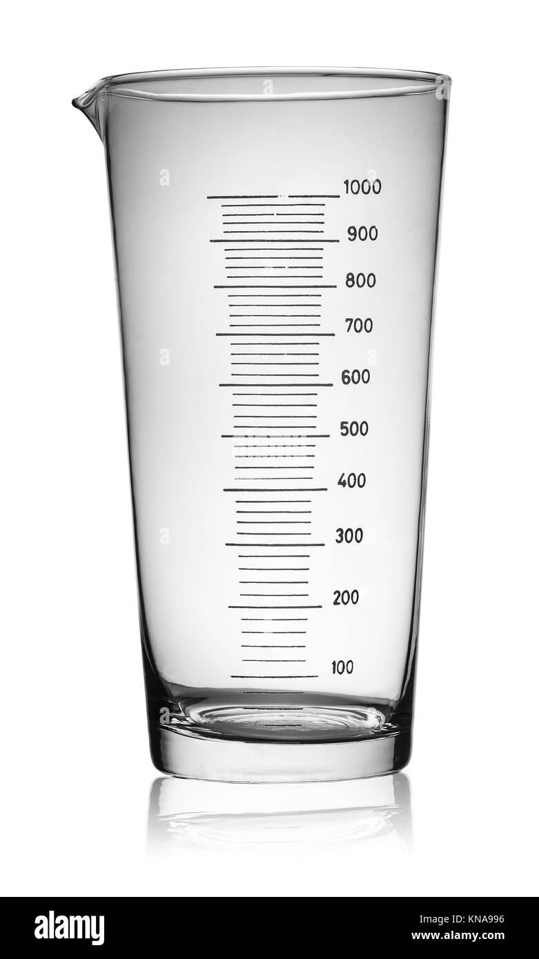 Big glass beaker graduated rotated isolated on white background Stock