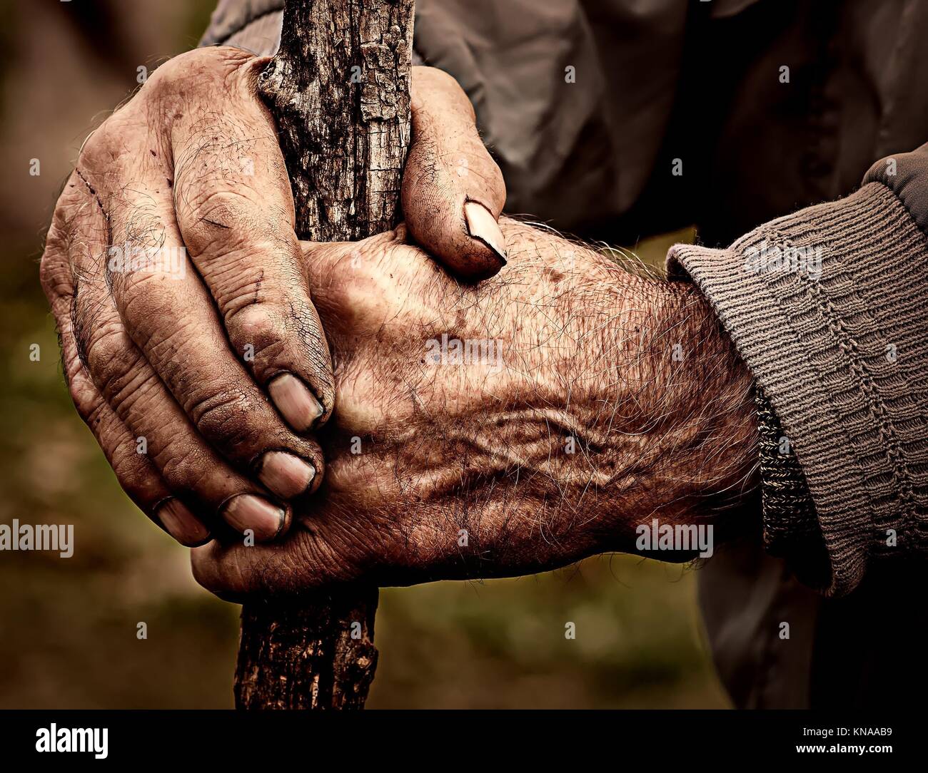Dramatic photo of an elderly man holding a staff in his hands. Stock Photo