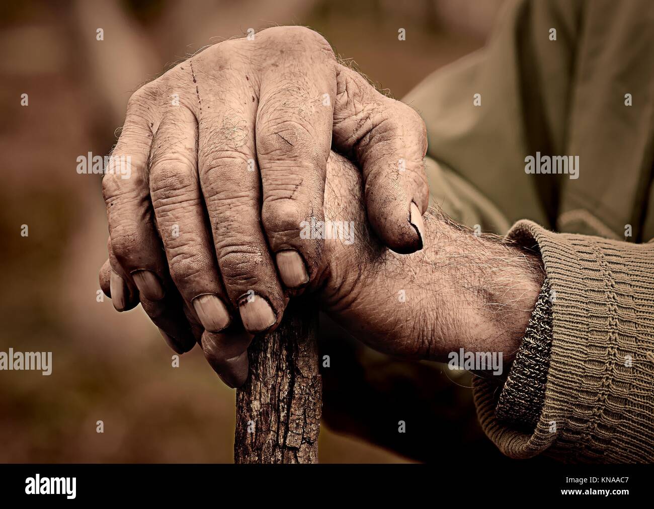 Dramatic photo of an elderly man hand holding a staff. Stock Photo