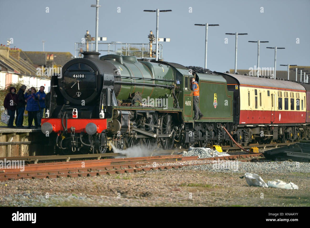 Royal Scot steam locomotive at Littlehampton station. Stock Photo