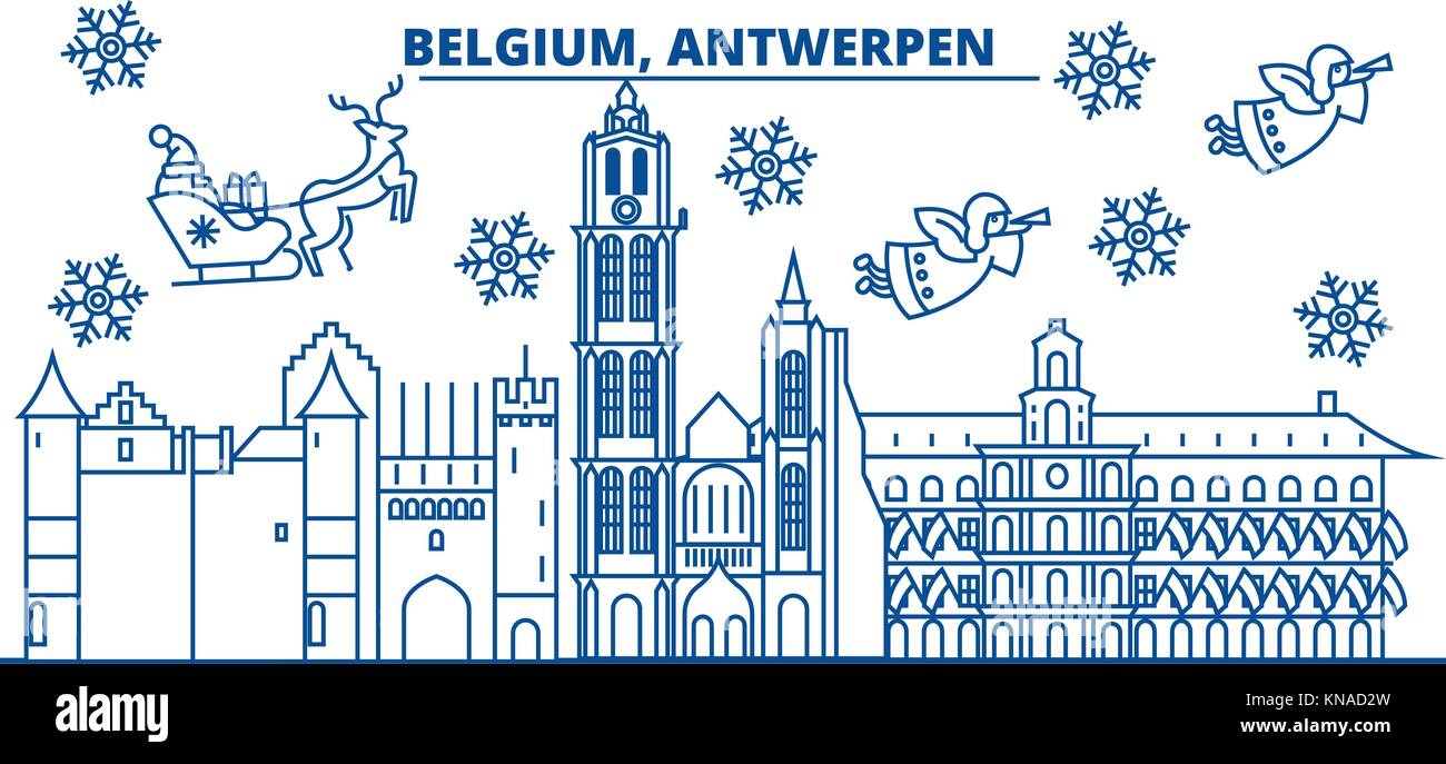 Belgium Antwerpen Winter City Skyline Merry Christmas Happy New Year Decorated Banner With Santa Claus Winter Greeting Line Card Flat Outline Vector Linear Christmas Snow Illustration Stock Vector Image Art Alamy