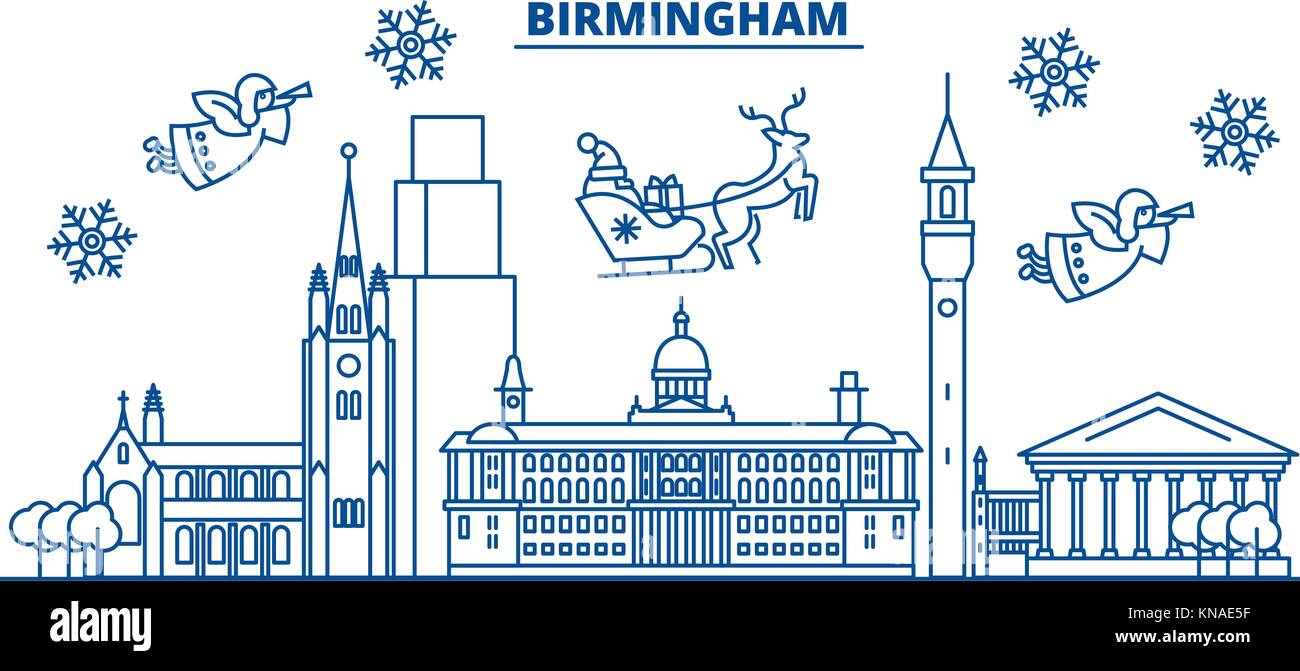 Great Britain, Birmingham winter city skyline. Merry Christmas, Happy New  Year decorated banner with Santa Claus.Winter greeting line card.Flat,  outline vector.Linear christmas snow illustration Stock Vector Image \u0026 Art  - Alamy, image size:1300x671