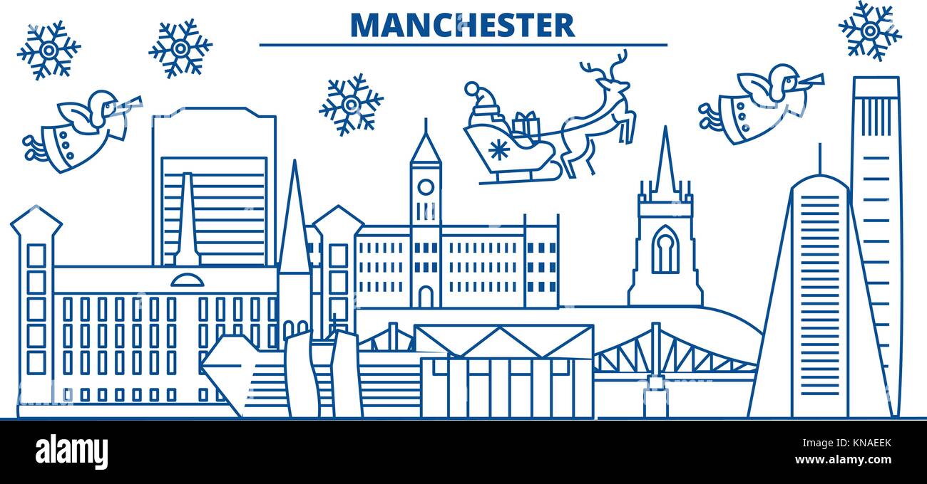 Great Britain, Manchester winter city skyline. Merry Christmas, Happy New  Year decorated banner with Santa Claus.Winter greeting line card.Flat,  outline vector.Linear christmas snow illustration Stock Vector Image \u0026 Art  - Alamy, image size:1300x680