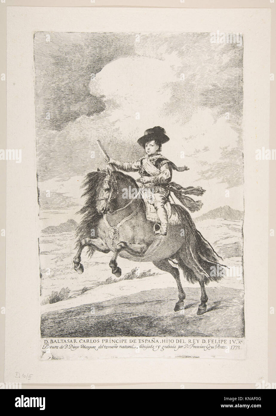 Balthasar Carlos, Prince of Spain and Son of Philip IV (D. Baltasar Carlos Principe de España. Hijo del Rey D. Felipe IV), from Etchings after Velazquez MET DP816873 Goya (Francisco de Goya y Lucientes) (Spanish, Fuendetodos 1746–1828 Bordeaux) Balthasar Carlos, Prince of Spain and Son of Philip IV (D. Baltasar Carlos Principe de España. Hijo del Rey D. Felipe IV), from Etchings after Velazquez, 1778 Spanish,  Etching and drypoint on laid paper; plate: 13 11/16 x 8 11/16 in. (34.8 x 22 cm) sheet: 15 9/16 x 11 in. (39.6 x 28 cm) The Metropolitan Museum of Art, New York, Bequest of Grace M. Pugh Stock Photo