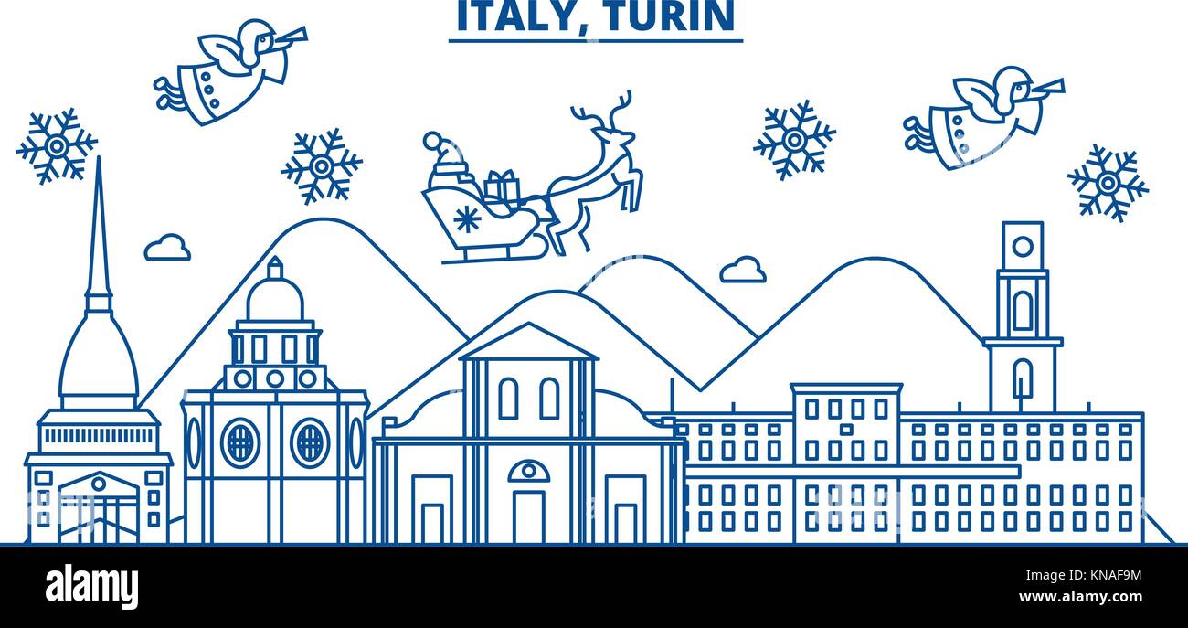 Italy, Turin winter city skyline. Merry Christmas, Happy New Year decorated banner with Santa Claus.Winter greeting line card.Flat, outline vector.Linear christmas snow illustration Stock Vector