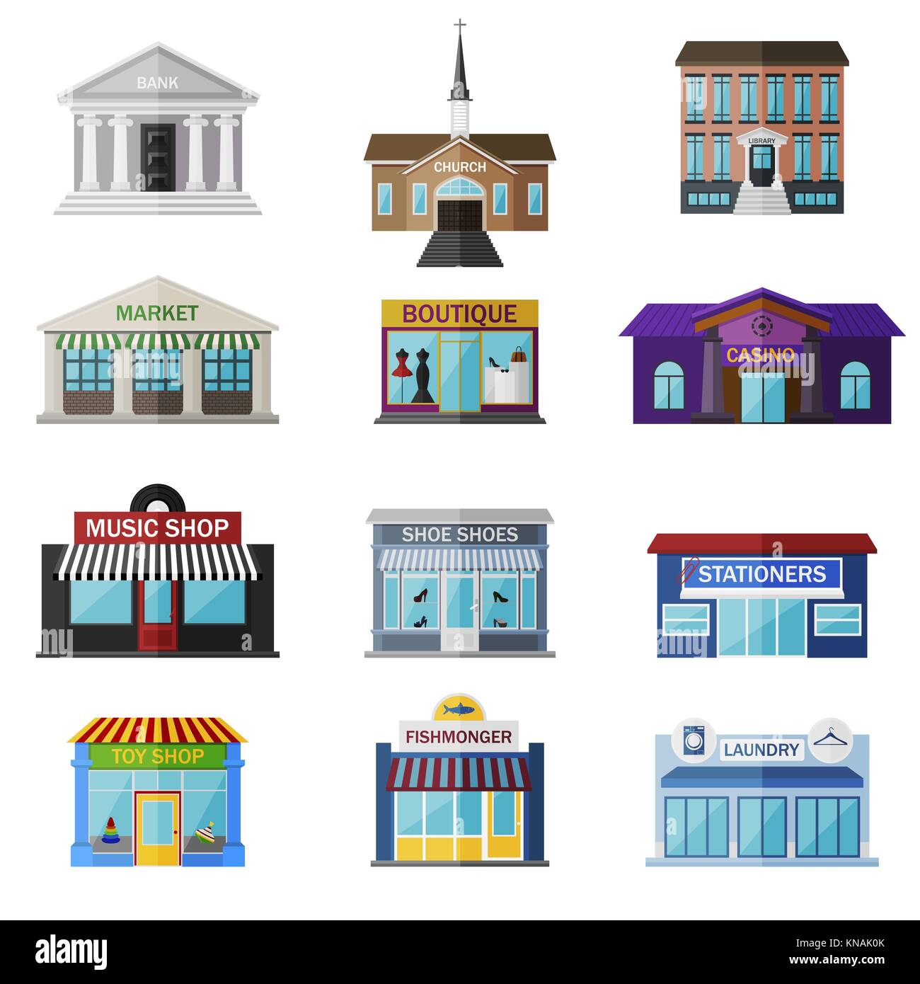 Different shops, institutions and stores flat icon set isolated on white. Includes bank, church, library, market, boutique, casino, music shop, shoe shues, stationers, toy shop, fish monger, laundry Stock Vector