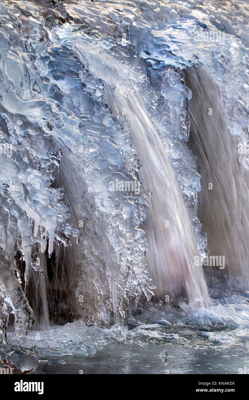 Frozen waterfall at morning sunlight, Ledges State Park, Iowa, USA. Stock Photo
