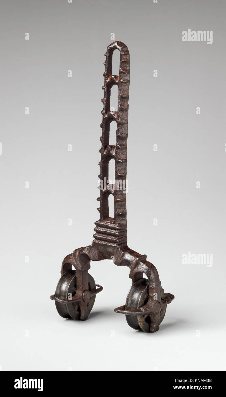 An anchor plate used in a rope-and-pulley system designed to span a ...