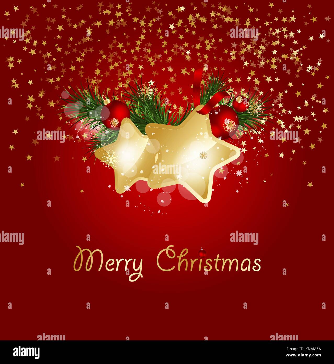 Christmas background with fir branches and gold stars with decorations ...