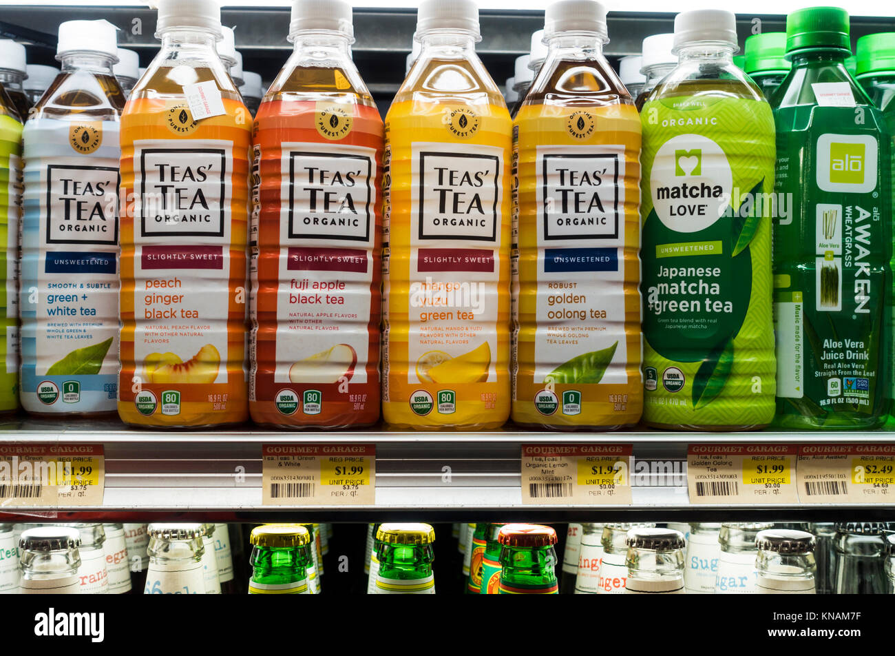 Teas' Tea organic in small bottles on a supermarket shelf in New York City Stock Photo