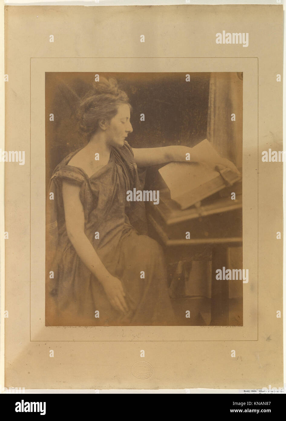 This artwork depicts a woman in robes, absorbed in reading a book. The ...