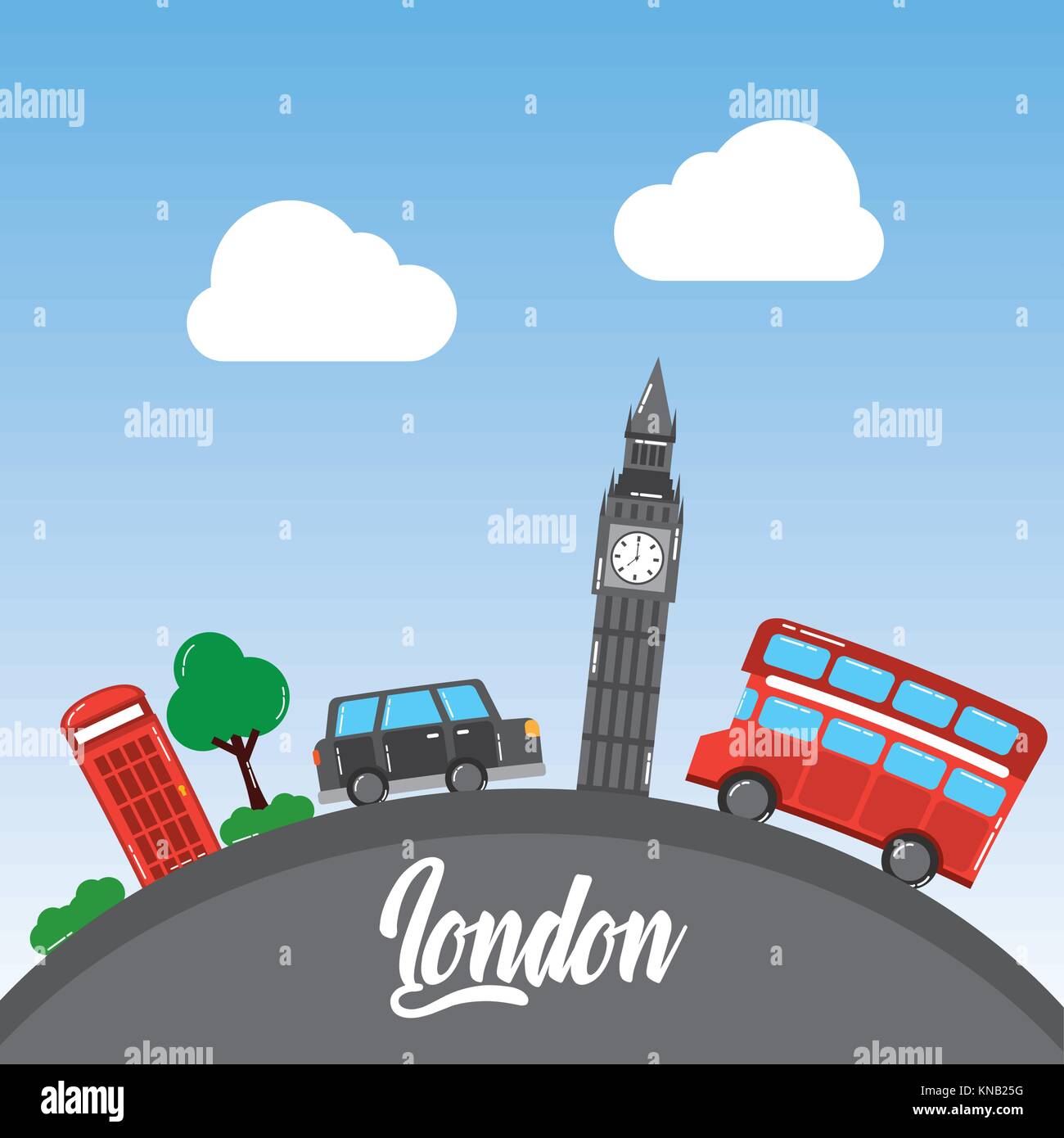 london big ben double decker bus taxi telephone booth tree sky Stock Vector