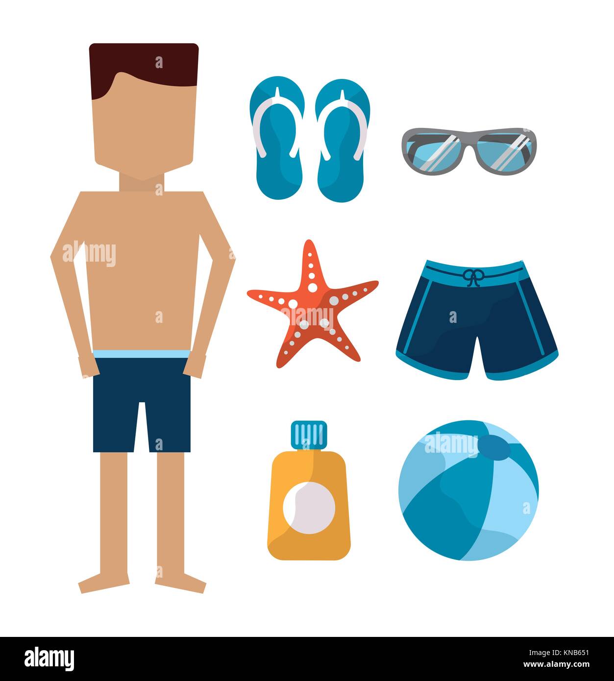 man standing with swimsuit sandals sunglasses starfish ball sunblock Stock Vector