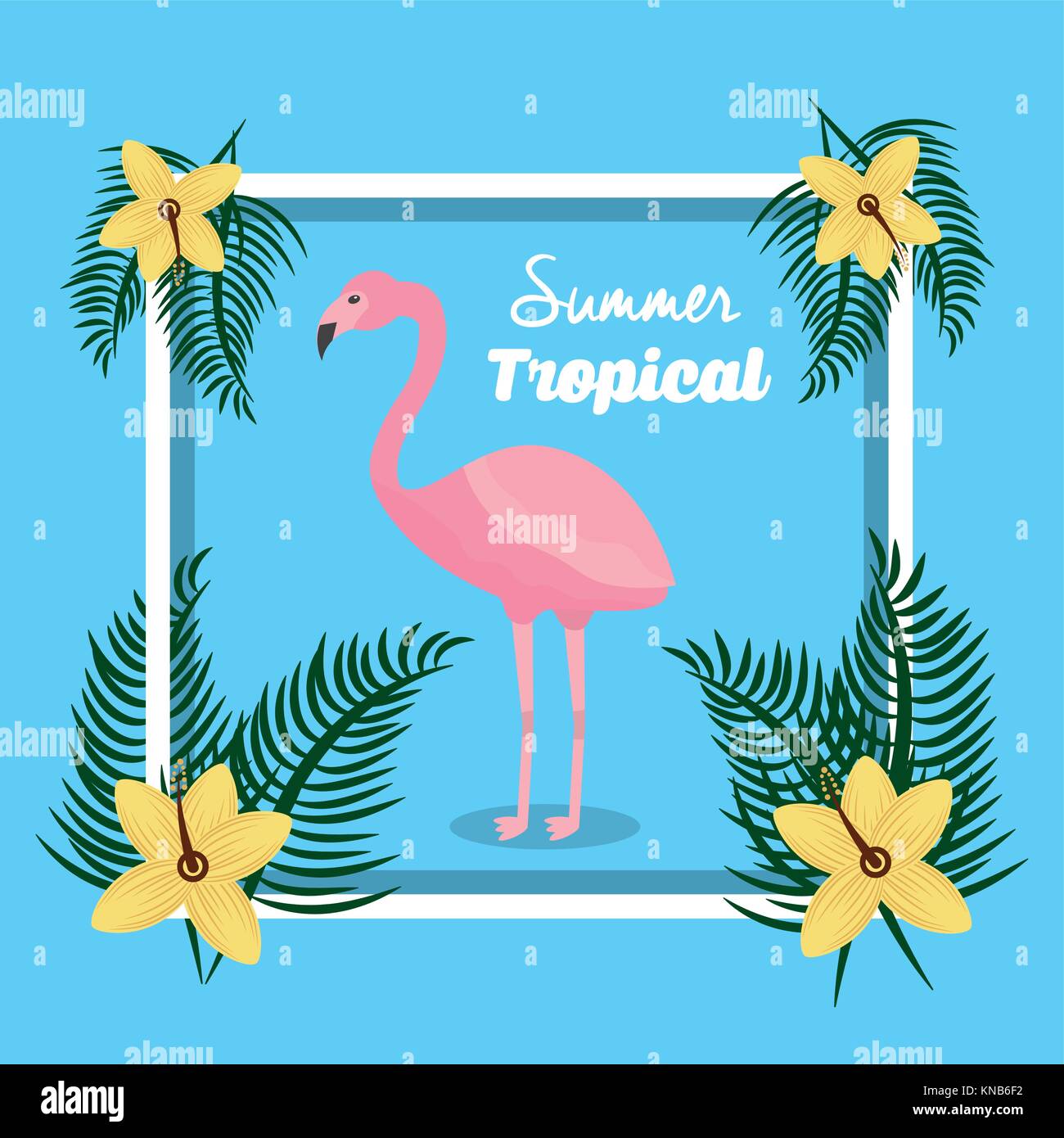 summer tropical flamingo with flowers frame decoration Stock Vector ...