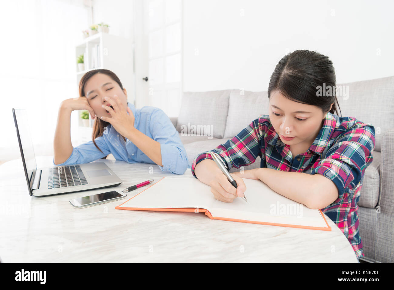 lovely sweet student doing homework seriously at home but her friend feeling tired getting yawning when they studying together. Stock Photo