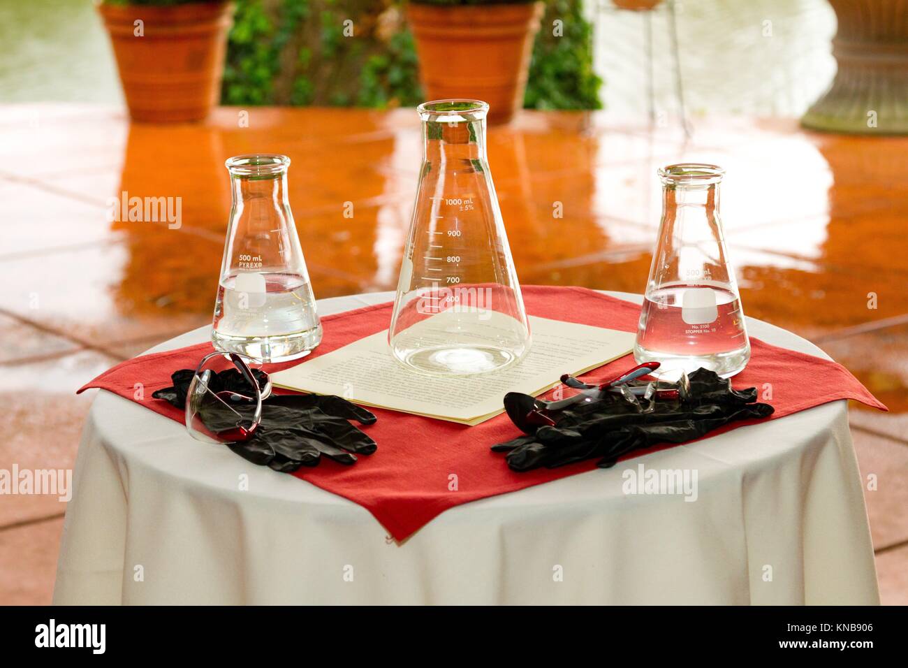 Chemicals are mixed together for a wedding day chemistry experiment
